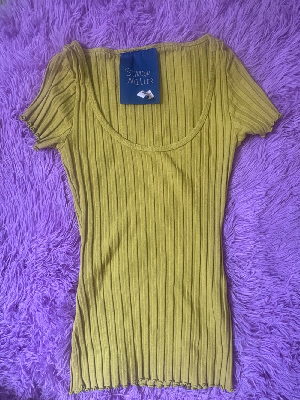 Simon miller RIB short sleeve scoop neck top in chartreuse green size small